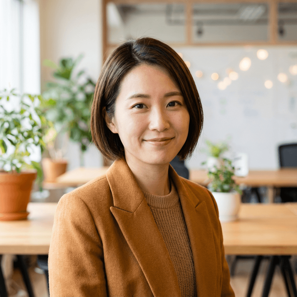 Smiling woman with short brown hair wearing a brown blazer in a modern office.