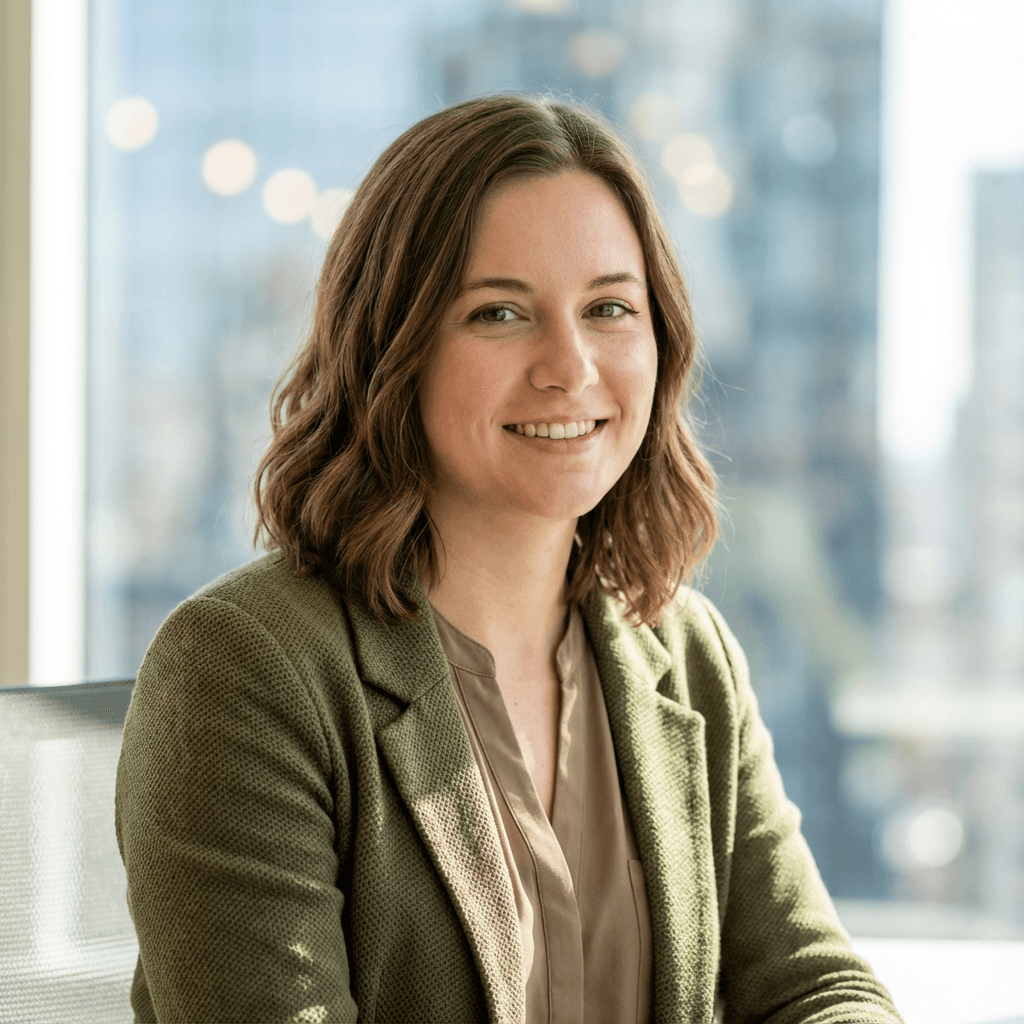 Professional headshot of a smiling woman with wavy brown hair wearing a green textured blazer.
