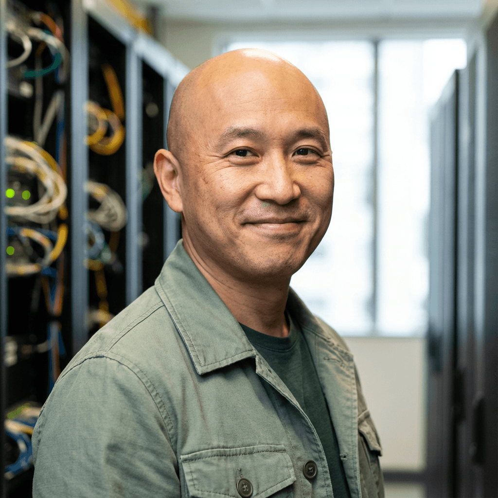 Smiling bald East Asian man in a green jacket, standing between rows of server racks.