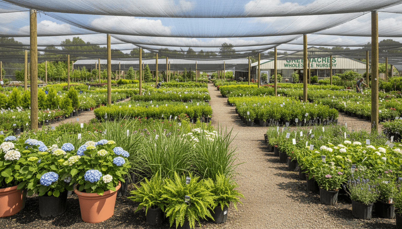 Wholesale plant nursery with rows of potted plants and landscaping varieties
