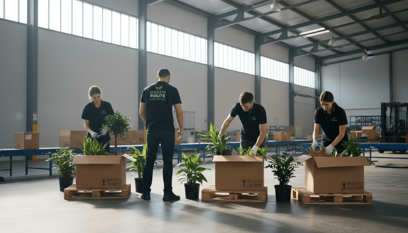 Plants being carefully packed into delivery boxes by logistics professionals in a modern warehouse facility