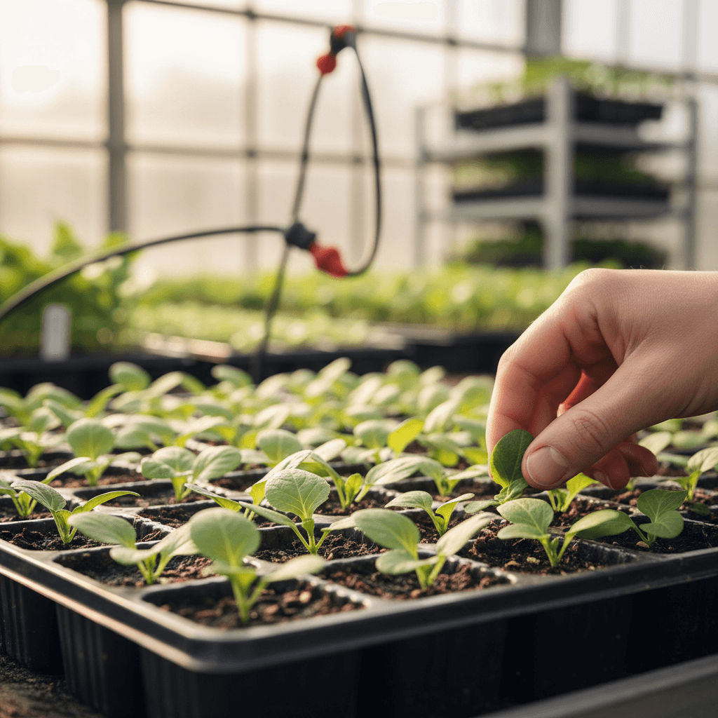 Young plants at various growth stages in professional nursery environment