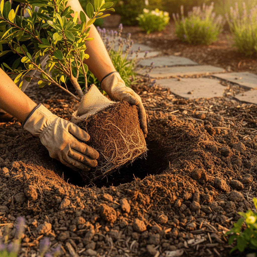 Professional landscaping installation with multiple plant varieties