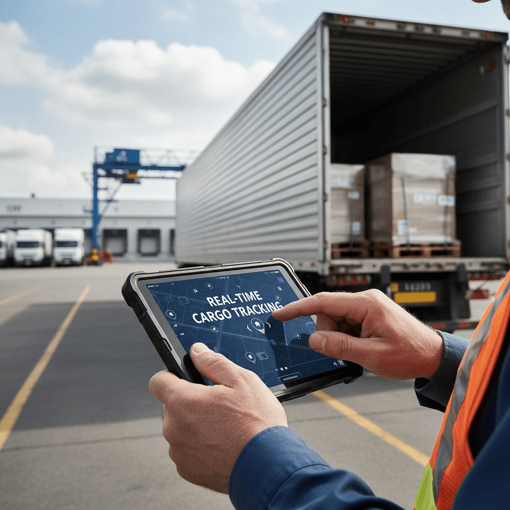 Logistics professional using digital tablet to track freight shipment beside transport truck in industrial setting